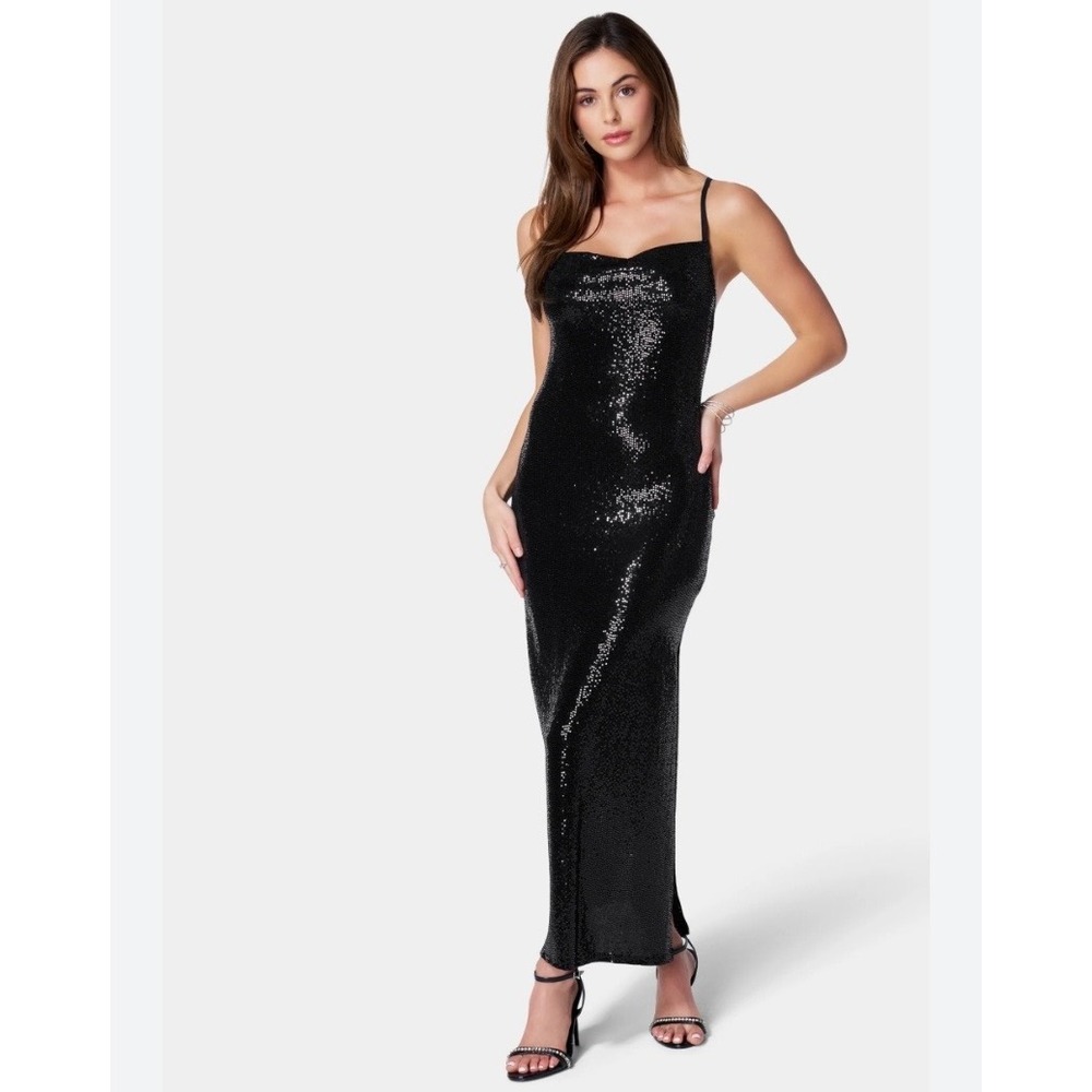 NYE Disco Glam Bebe Black Sequins Cowl Neck‎ Spaghetti Strap Maxi Dress XS